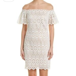 NWT Eliza J Off the Shoulder Lace Sheath Dress Size 10 Ivory Flutter Sleeves
